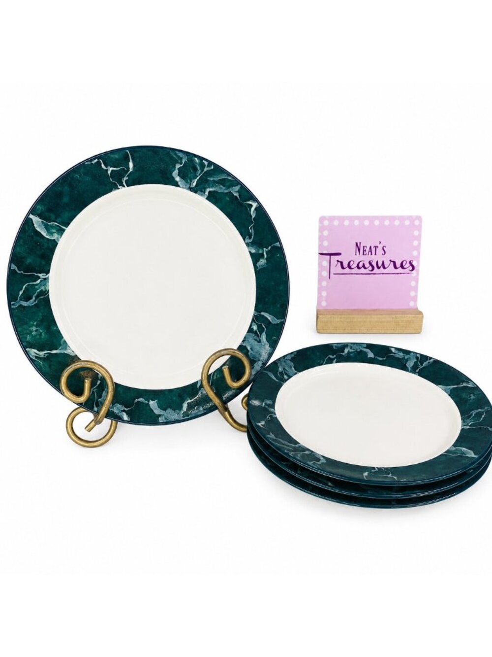 1991 Newcor ATLANTA 7118 Green Marble Effect Stoneware 7.75" Salad Plate Set 4